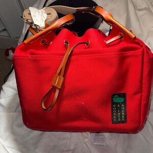 NWT - Dooney & Bourke Red Canvas Drawstring 30 Bag with Tan Accents & Tan Strap